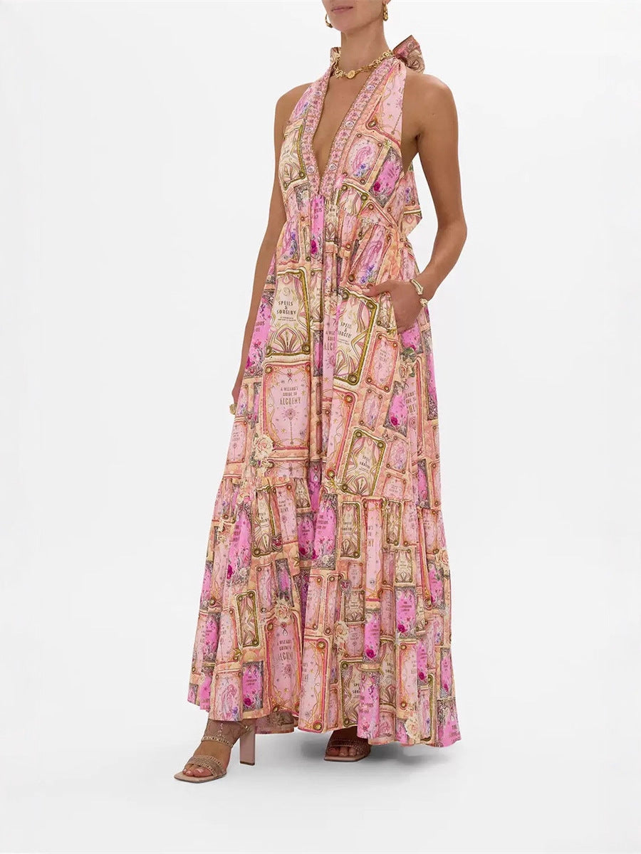 V-neck halter neck printed maxi dress - pink