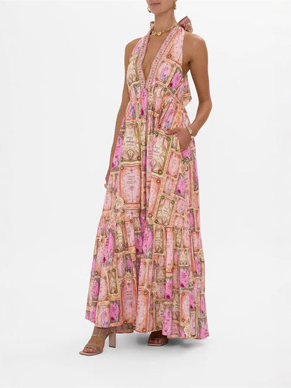 V-neck halter neck printed maxi dress - pink