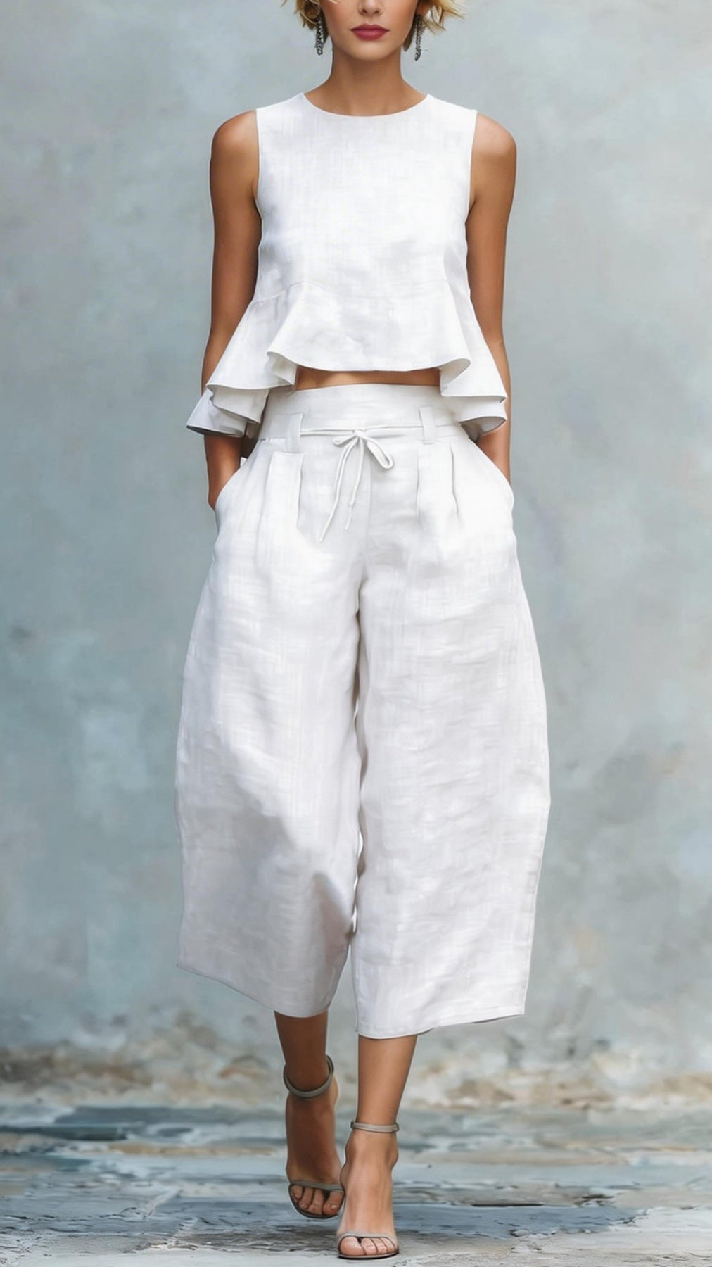 Women's two-piece linen blend set with ruffled trim.