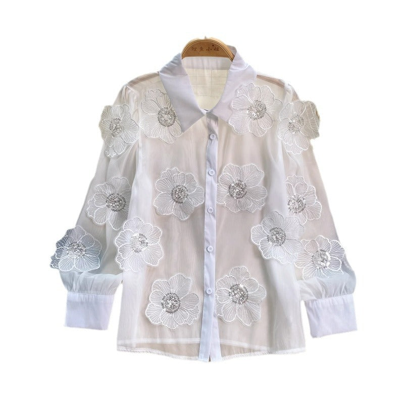 Beaded sequined 3D floral sheer mesh shirt
