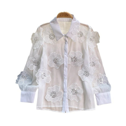 Beaded sequined 3D floral sheer mesh shirt