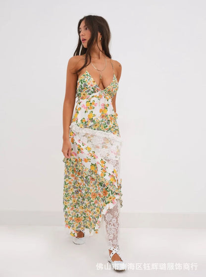 Hollow-out deep V-neck ruffled floral backless maxi dress