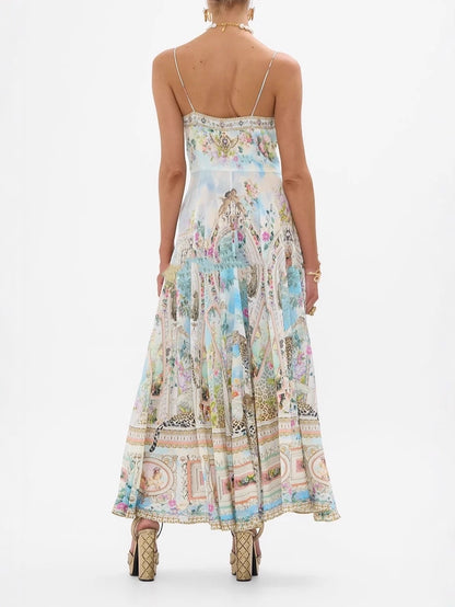 Retro oil painting print halter maxi dress