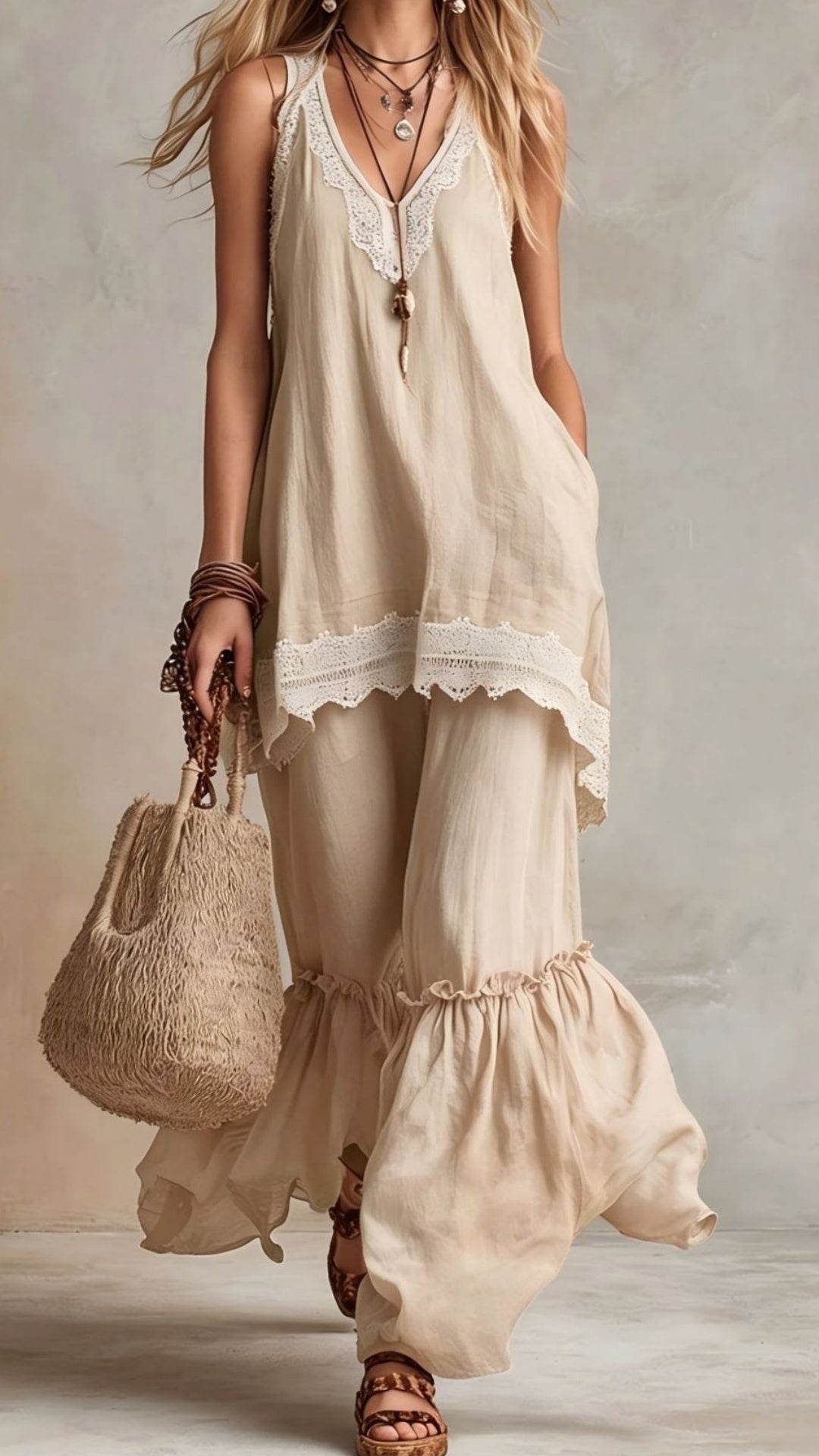 Bohemian-Style Vacation Dress with Lace Straps