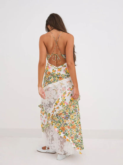 Hollow-out deep V-neck ruffled floral backless maxi dress