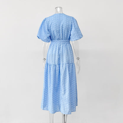 V-neck openwork embroidery maxi dress