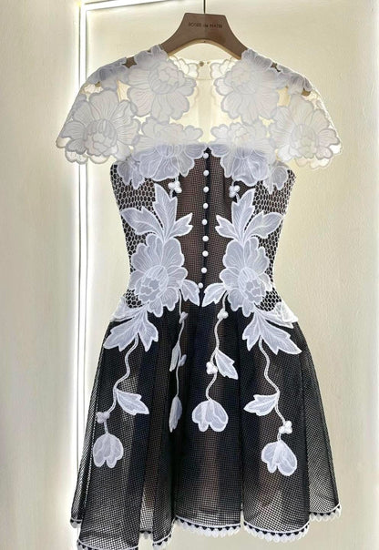 black-white lace flower embellished mini dress