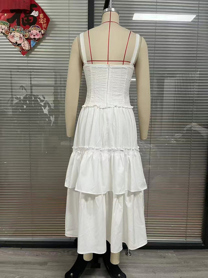 white renee Corset Tiered Midi Dress With Lace-Trim