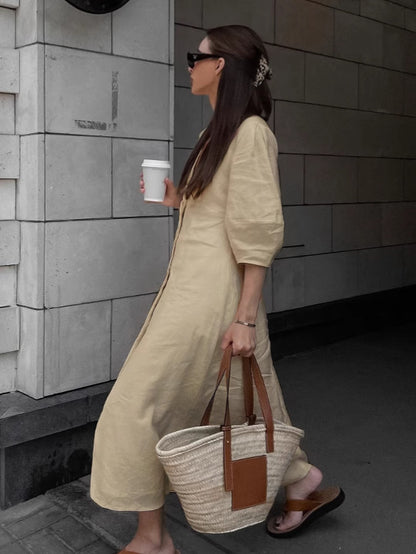 Loose-fitting puff sleeve V-neck cotton linen midi dress
