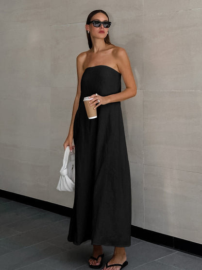 cotton linen strapless A-line midi dress