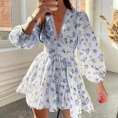 Printed V-neck puff sleeve lace mini dress