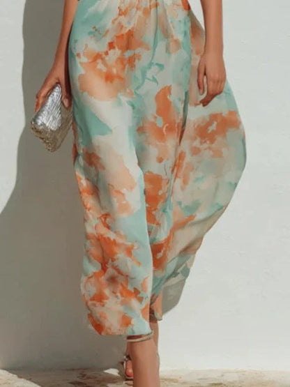 Mint Orange Watercolor Floral Sleeveless Halter Ruched Waist Maxi Dress