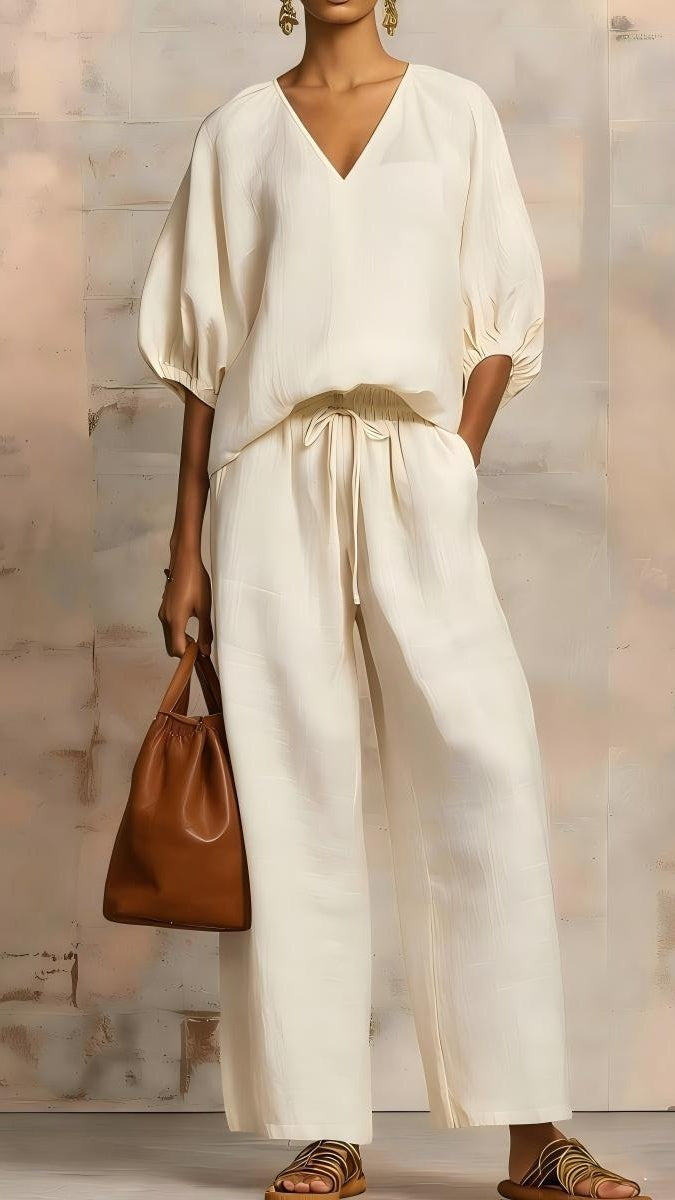 Women's Minimalist Solid-Color Loose-Fit V-Neck Casual Two-Piece Set