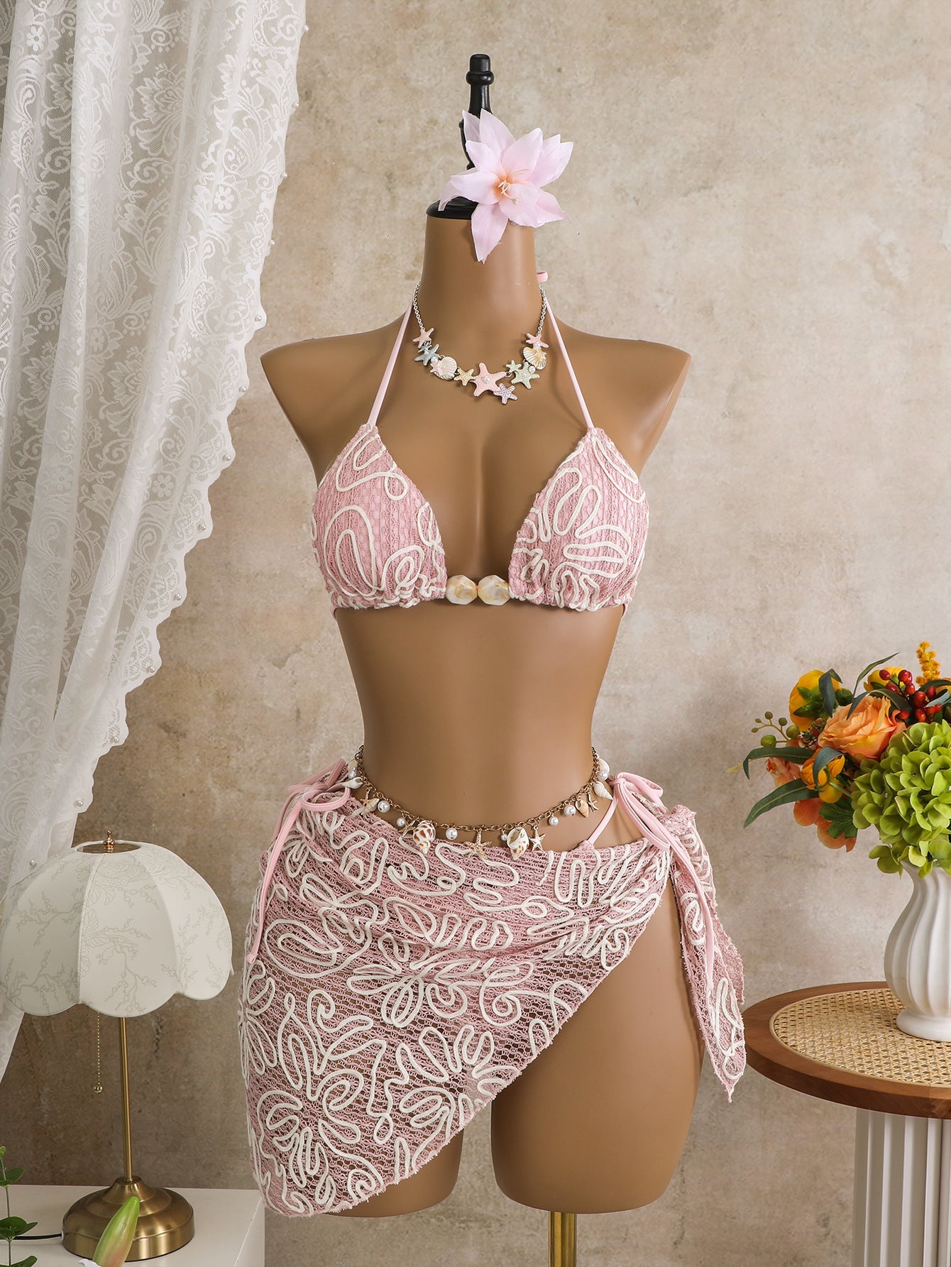 crochet three-piece beach swimsuit