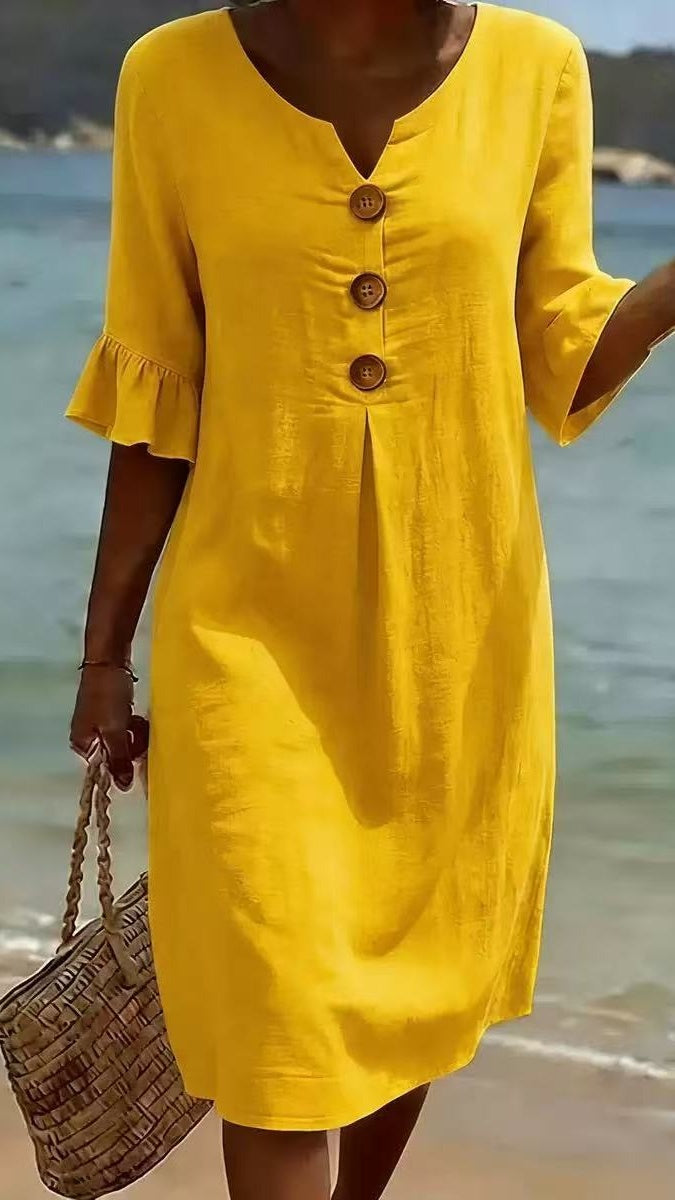 Cotton-Linen Dress with V-Neck, Large Buttons, and Ruffled Sleeves