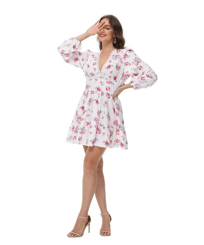 Printed V-neck puff sleeve lace mini dress