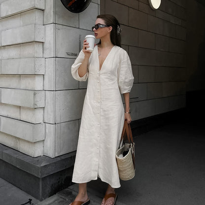 Loose-fitting puff sleeve V-neck cotton linen midi dress