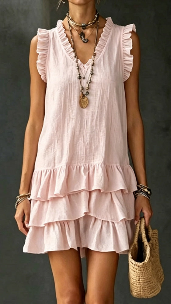 linen ruffle trim sleeve mini dress