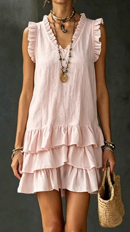 linen ruffle trim sleeve mini dress