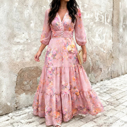cross-border vintage floral print loose puff sleeve maxi dress