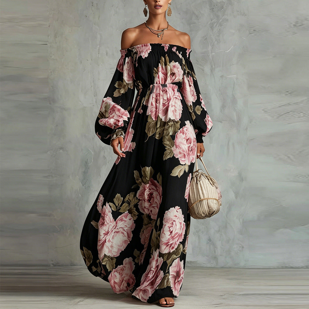off-shoulder Print lantern sleeve maxi dress