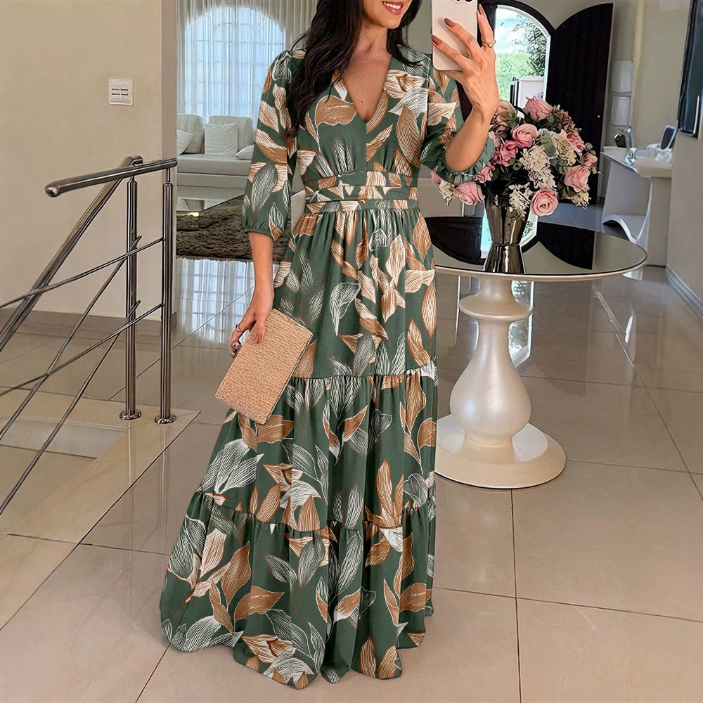 cross-border vintage floral print loose puff sleeve maxi dress