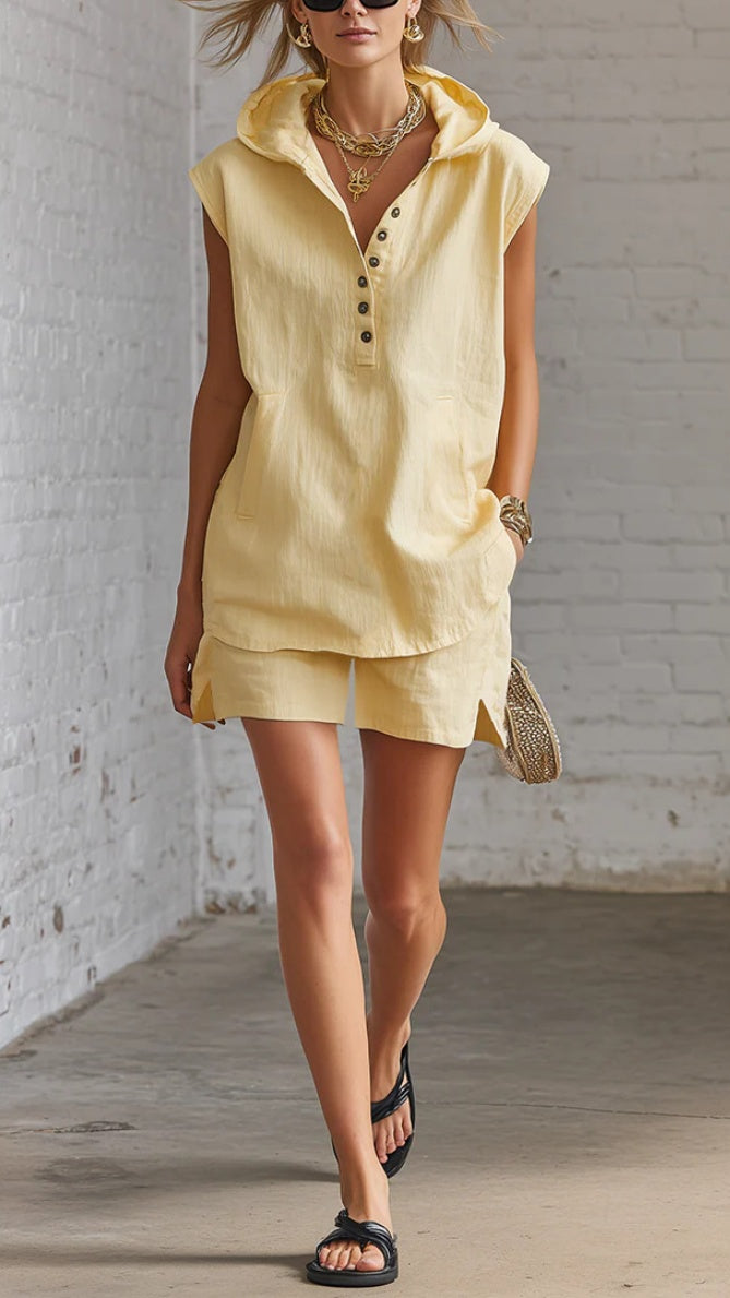 Women's Casual Two-Piece Set: Sleeveless Cropped Hoodie & Shorts