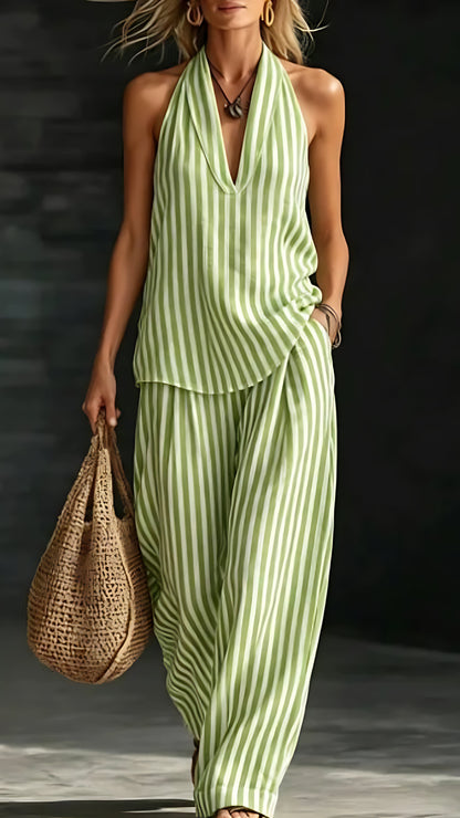 Women's Striped Cotton-Linen Set: Wide-Leg Pants & Halter Top