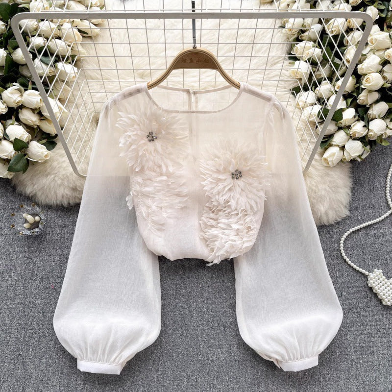 3D floral puff sleeve tulle shirt