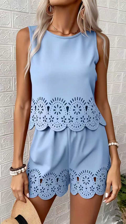 Elegant Hollow-Out Design Short-Sleeve Top and Shorts Two-Piece Set