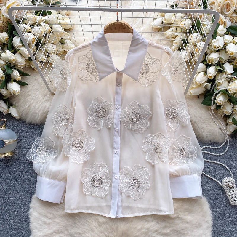 Beaded sequined 3D floral sheer mesh shirt