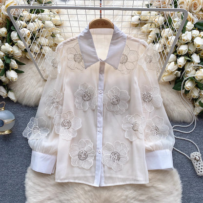 Beaded sequined 3D floral sheer mesh shirt