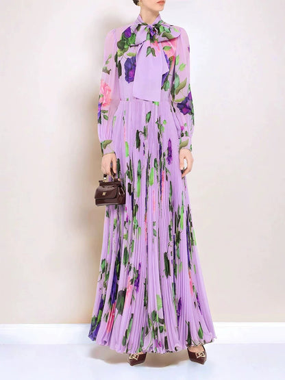 Purple floral print long-sleeved pleated maxi dress