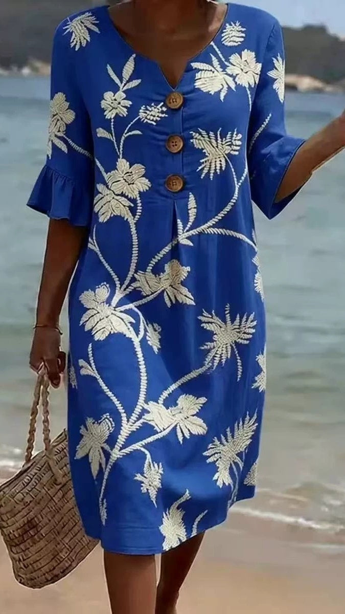 Women's Vacation-Style V-Neck Printed Loose-Fit Dress with Mid-Length Sleeves