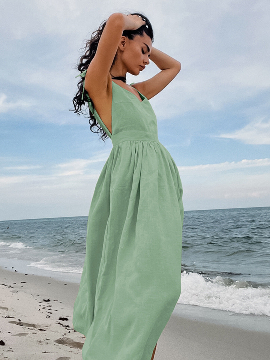 cotton linen backless strap midi dress