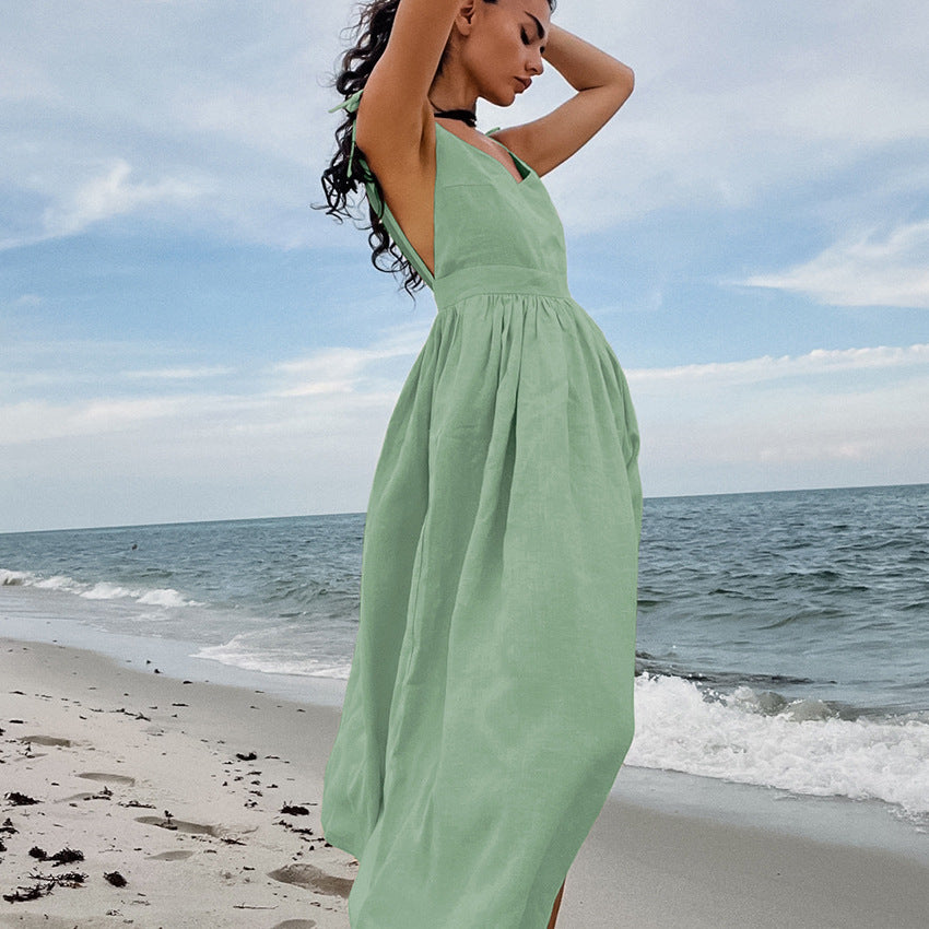 cotton linen backless strap midi dress
