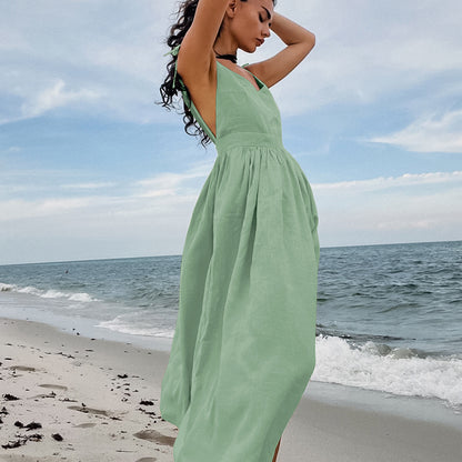 cotton linen backless strap midi dress