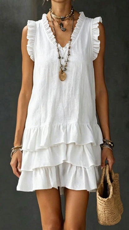 linen ruffle trim sleeve mini dress