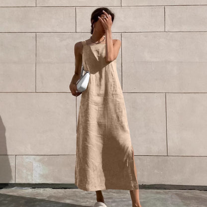 cotton linen side slit strap midi dress