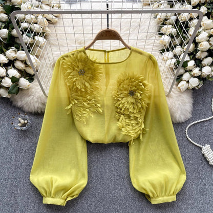 3D floral puff sleeve tulle shirt