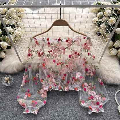 long-sleeved embroidery lace blouse with puff sleeves