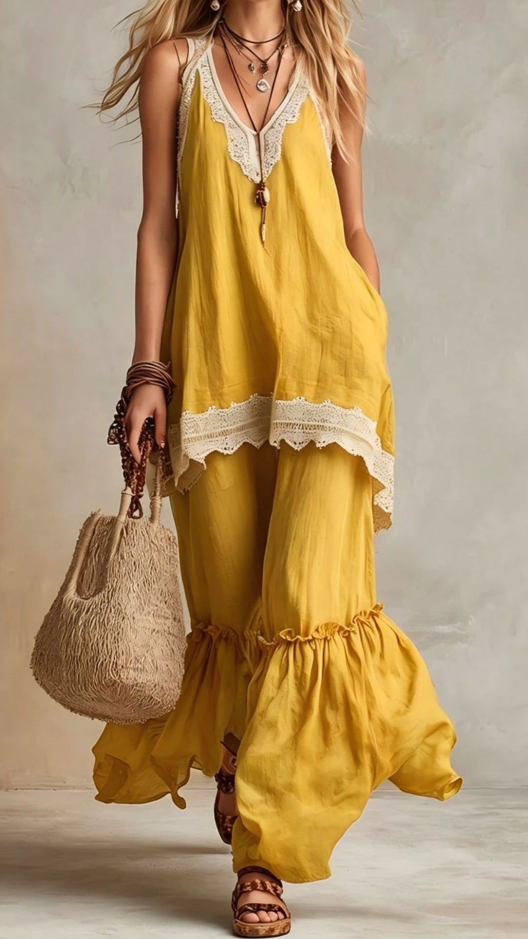 Bohemian-Style Vacation Dress with Lace Straps