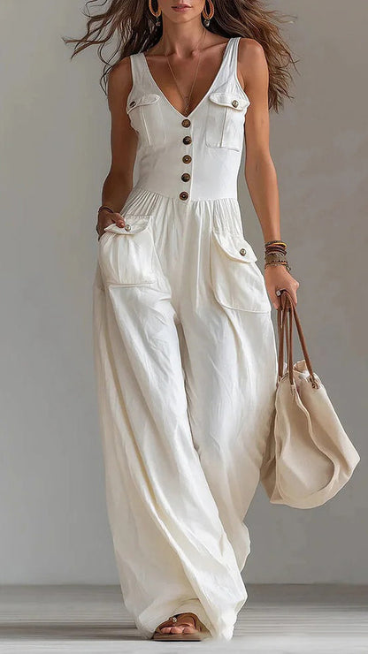 Loose-Fit Casual Jumpsuit with Button Details and Side Pockets
