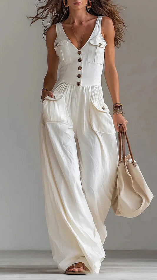 Loose-Fit Casual Jumpsuit with Button Details and Side Pockets