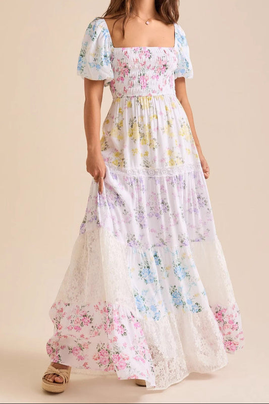 Puff-sleeved printed pleated lace strapless maxi dress