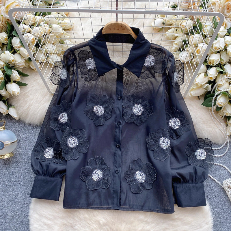 Beaded sequined 3D floral sheer mesh shirt