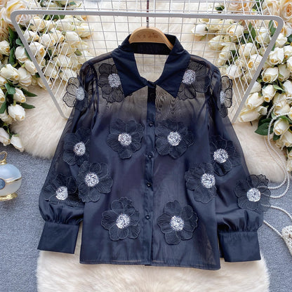 Beaded sequined 3D floral sheer mesh shirt