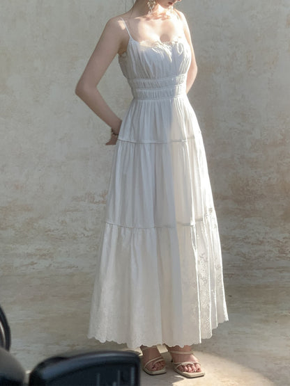 Cotton Embroidered Spaghetti Strap maxi Dress - white