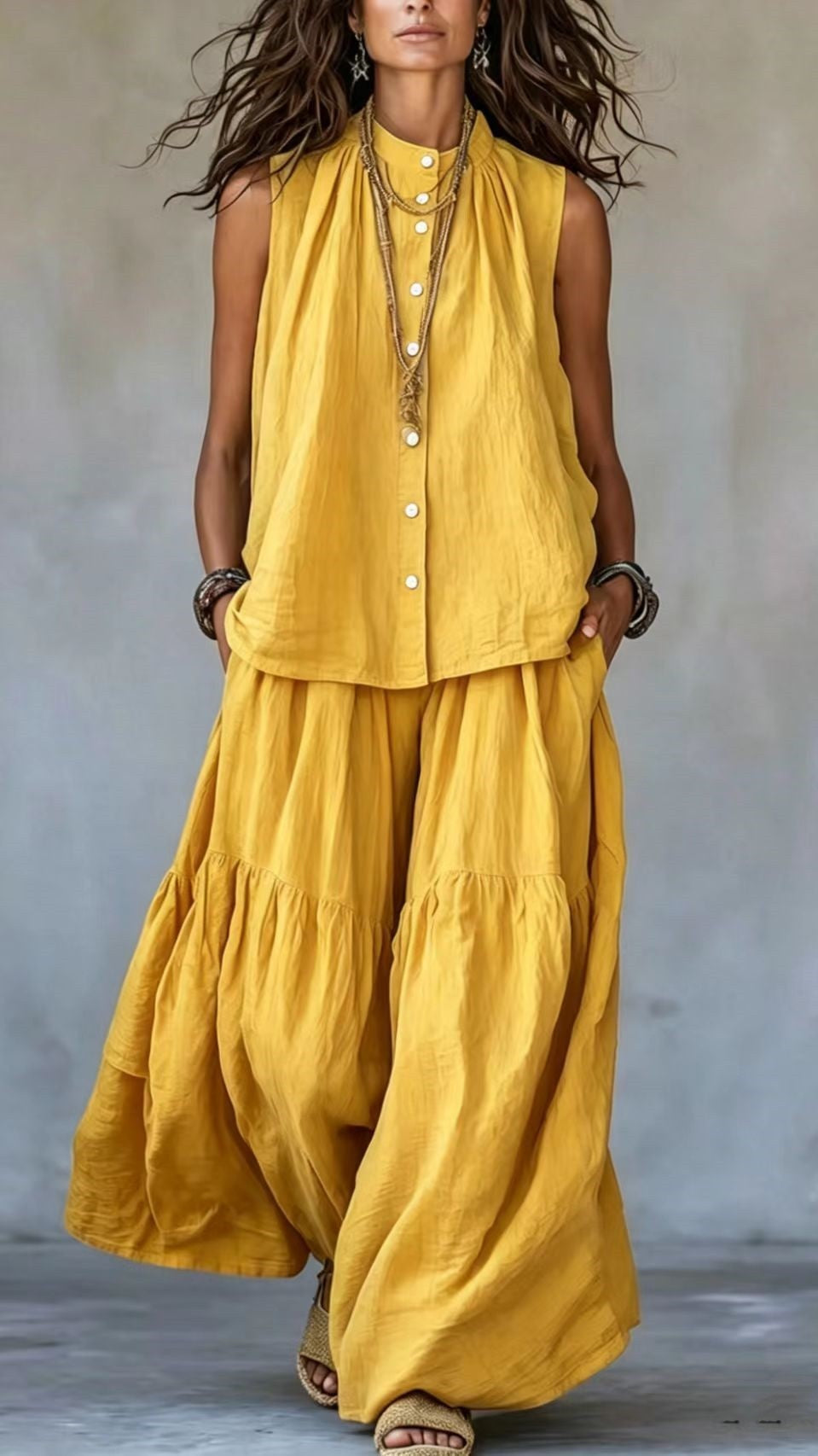 Stand-Collar, Sleeveless Top with Front Placket &amp; Wide-Leg Pants