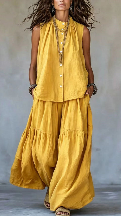 Stand-Collar, Sleeveless Top with Front Placket &amp; Wide-Leg Pants
